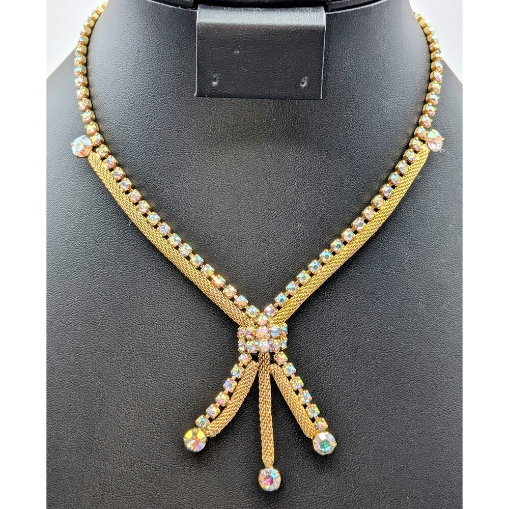 Vintage Aurora Borealis Rhinestone Gold Tone Mesh Tassel 15" Necklace
